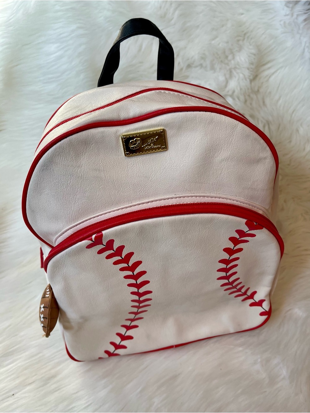 Betsey Johnson Baseball Backpack White Red Novelty Sports Bag Glove Charm